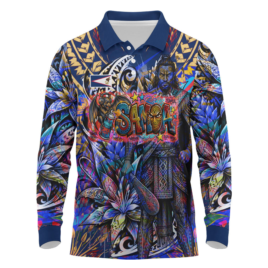 American Samoa Warrior Long Sleeve Polo Shirt Polynesian Fruit Bat Talofa Urban Graffiti Street Art