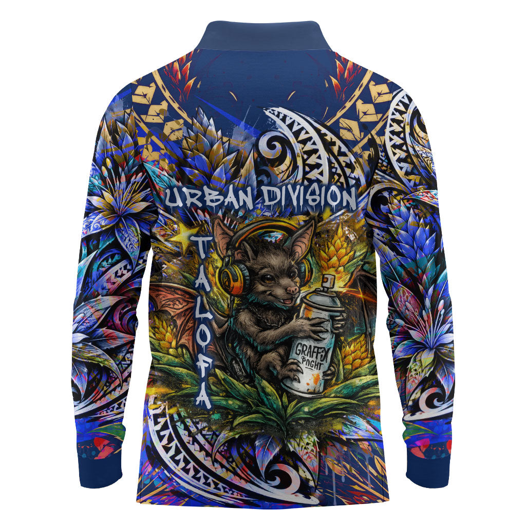 American Samoa Warrior Long Sleeve Polo Shirt Polynesian Fruit Bat Talofa Urban Graffiti Street Art