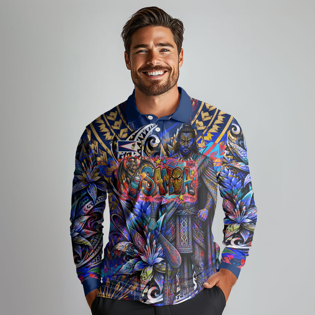 American Samoa Warrior Long Sleeve Polo Shirt Polynesian Fruit Bat Talofa Urban Graffiti Street Art