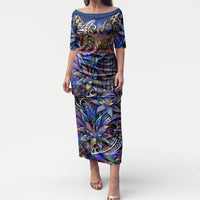American Samoa Warrior Puletasi Polynesian Fruit Bat Talofa Urban Graffiti Street Art TS04 Long Dress Blue Yellow - Polynesian Pride
