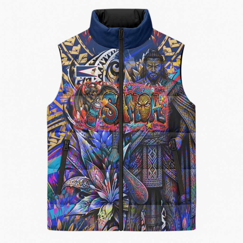 American Samoa Warrior Sleeveless Puffer Jacket Polynesian Fruit Bat Talofa Urban Graffiti Street Art TS04 Unisex Blue Yellow - Polynesian Pride