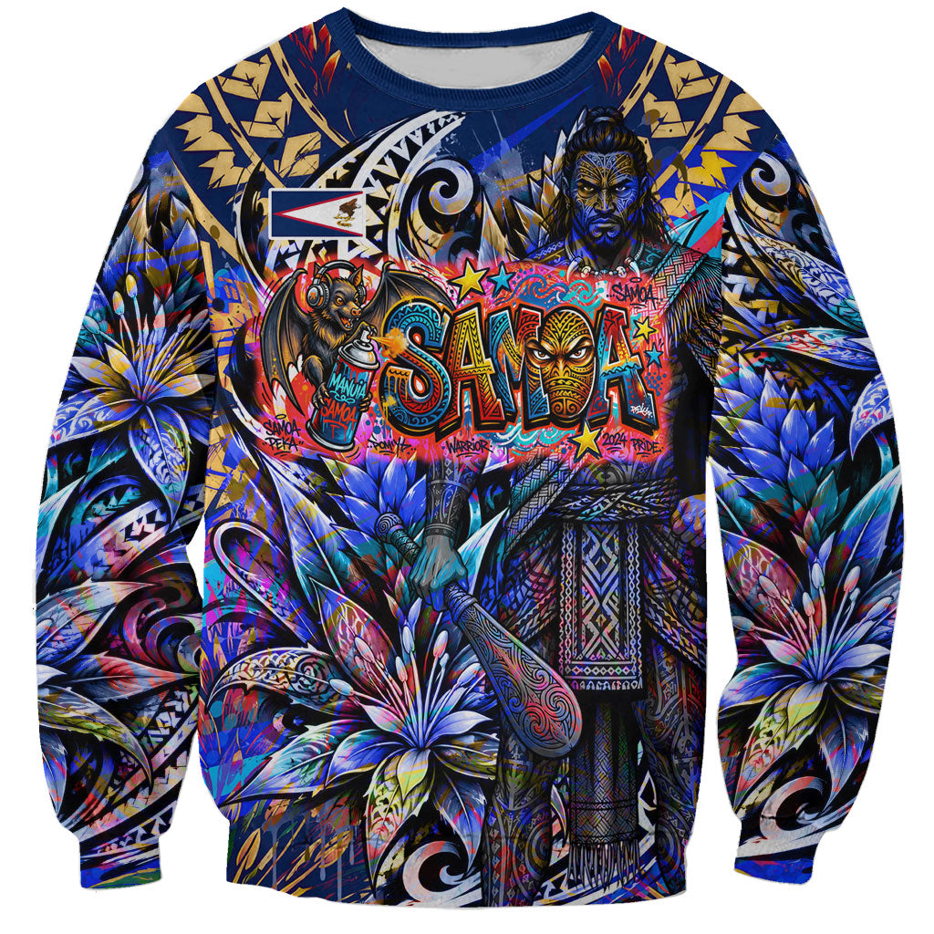 American Samoa Warrior Sweatshirt Polynesian Fruit Bat Talofa Urban Graffiti Street Art TS04 Unisex Blue Yellow - Polynesian Pride