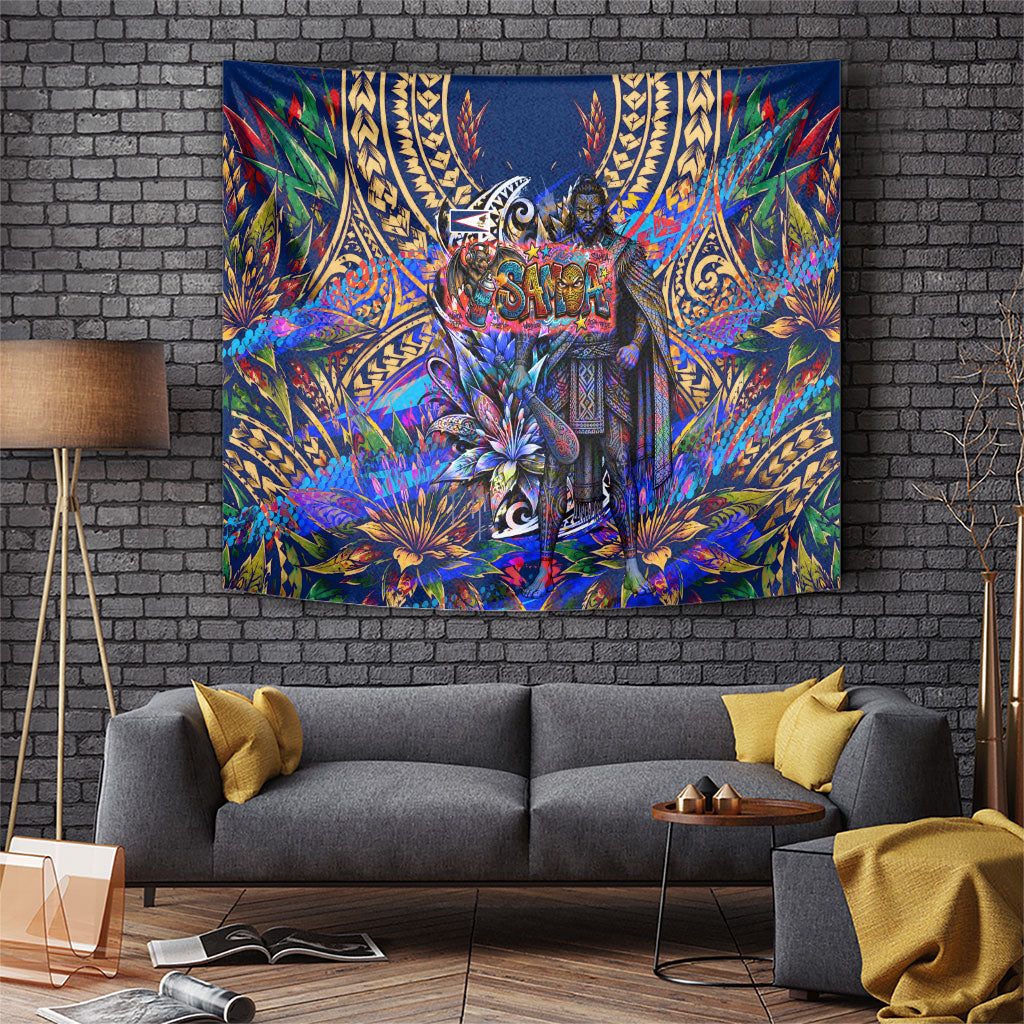 American Samoa Warrior Tapestry Polynesian Fruit Bat Talofa Urban Graffiti Street Art TS04 Blue Yellow - Polynesian Pride