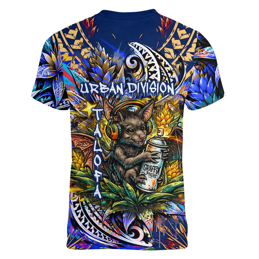 American Samoa Warrior Women V-Neck T-Shirt Polynesian Fruit Bat Talofa Urban Graffiti Street Art