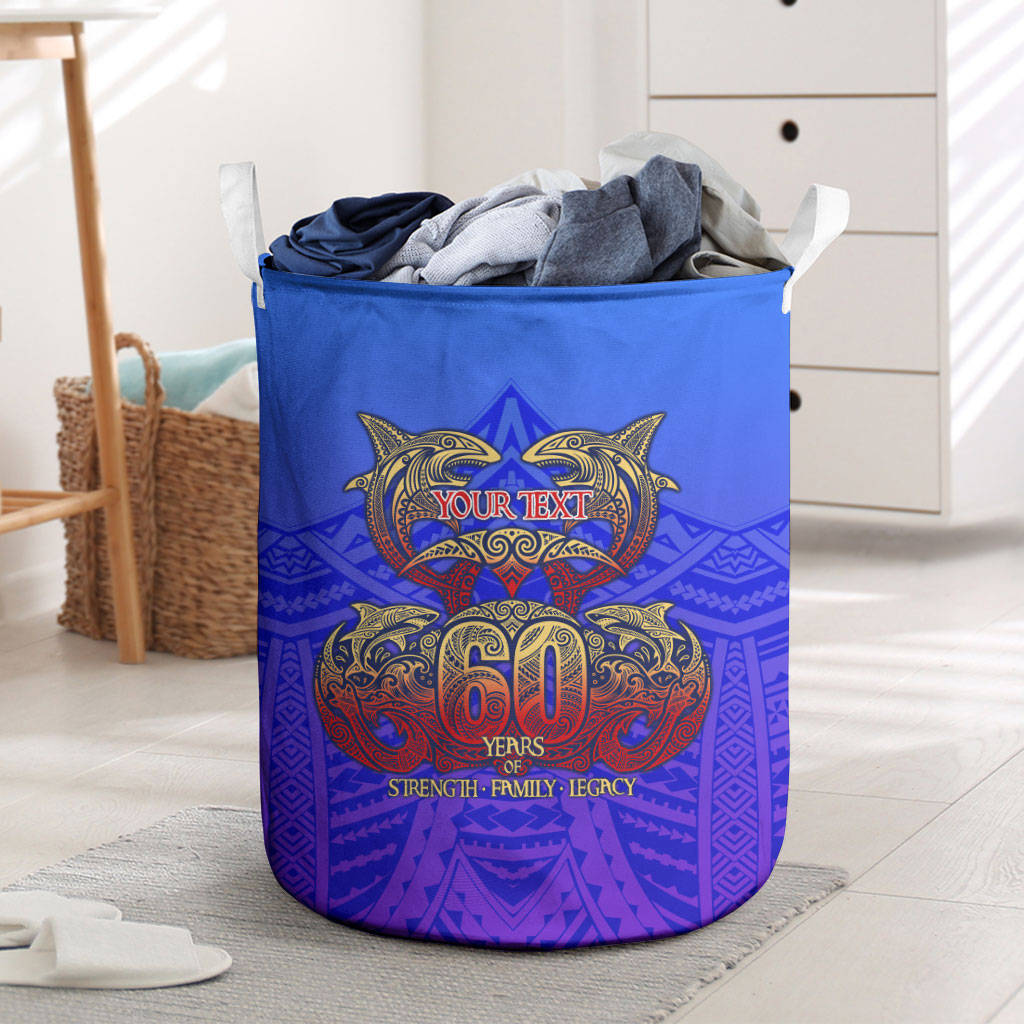 Personalized Polynesian 60th Birthday Laundry Basket Polynesian Tribal Art Vintage Ocean Pattern TS04 Blue Yellow - Polynesian Pride