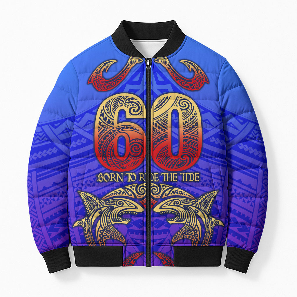 Personalized Polynesian 60th Birthday Bomber Puffer Jacket Polynesian Tribal Art Vintage Ocean Pattern TS04 Unisex Blue Yellow - Polynesian Pride