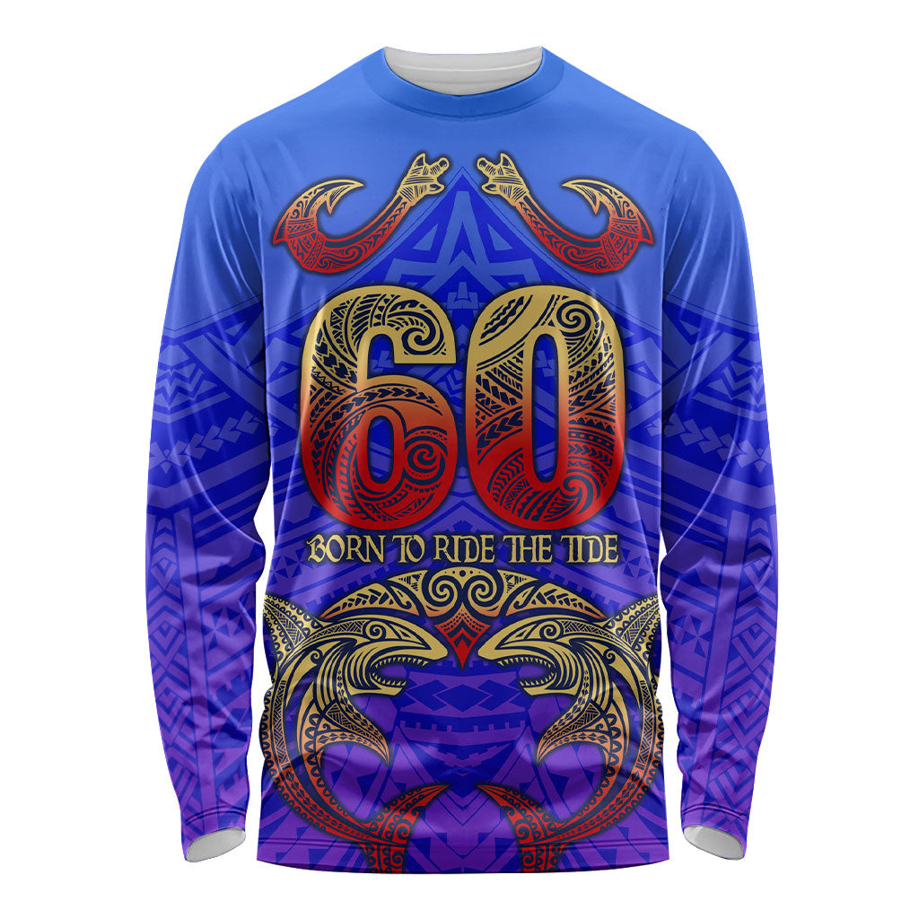 Personalized Polynesian 60th Birthday Long Sleeve Shirt Polynesian Tribal Art Vintage Ocean Pattern TS04 Unisex Blue Yellow - Polynesian Pride