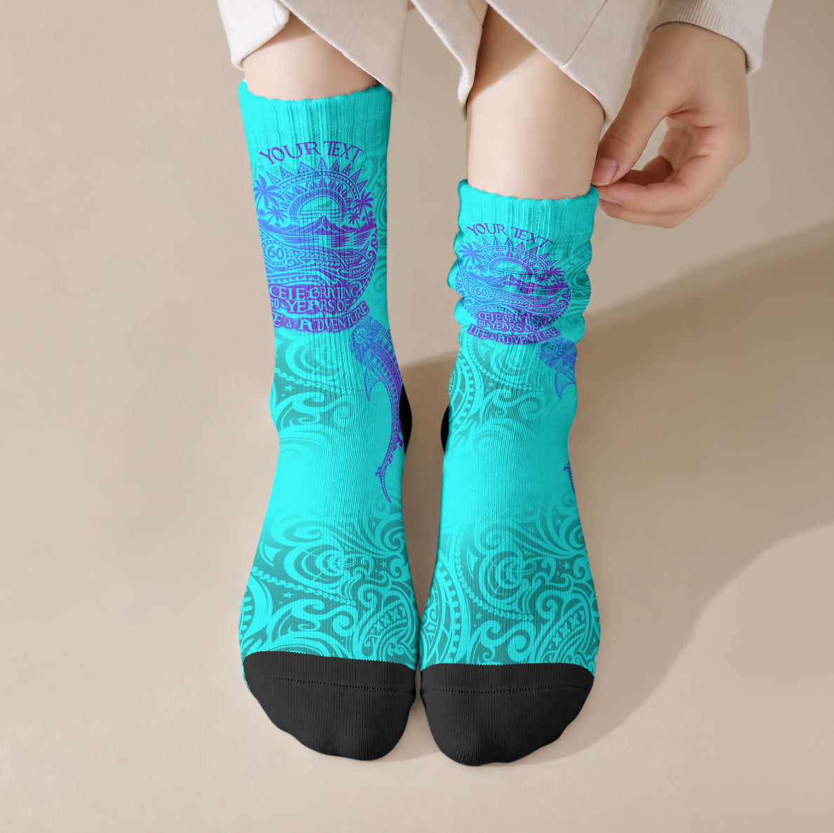 Personalized Polynesian 60th Birthday Island Life Since 1966 Crew Socks Vibrant Tribal Tattoo Ocean Sunset Pattern