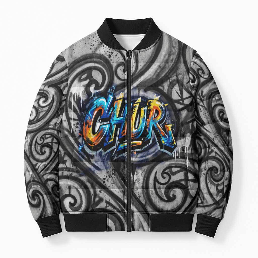 Chur Bro Shaka Sign Bomber Puffer Jacket New Zealand Koru Colorful Graffiti Splash TS04 Unisex Multicolor - Polynesian Pride