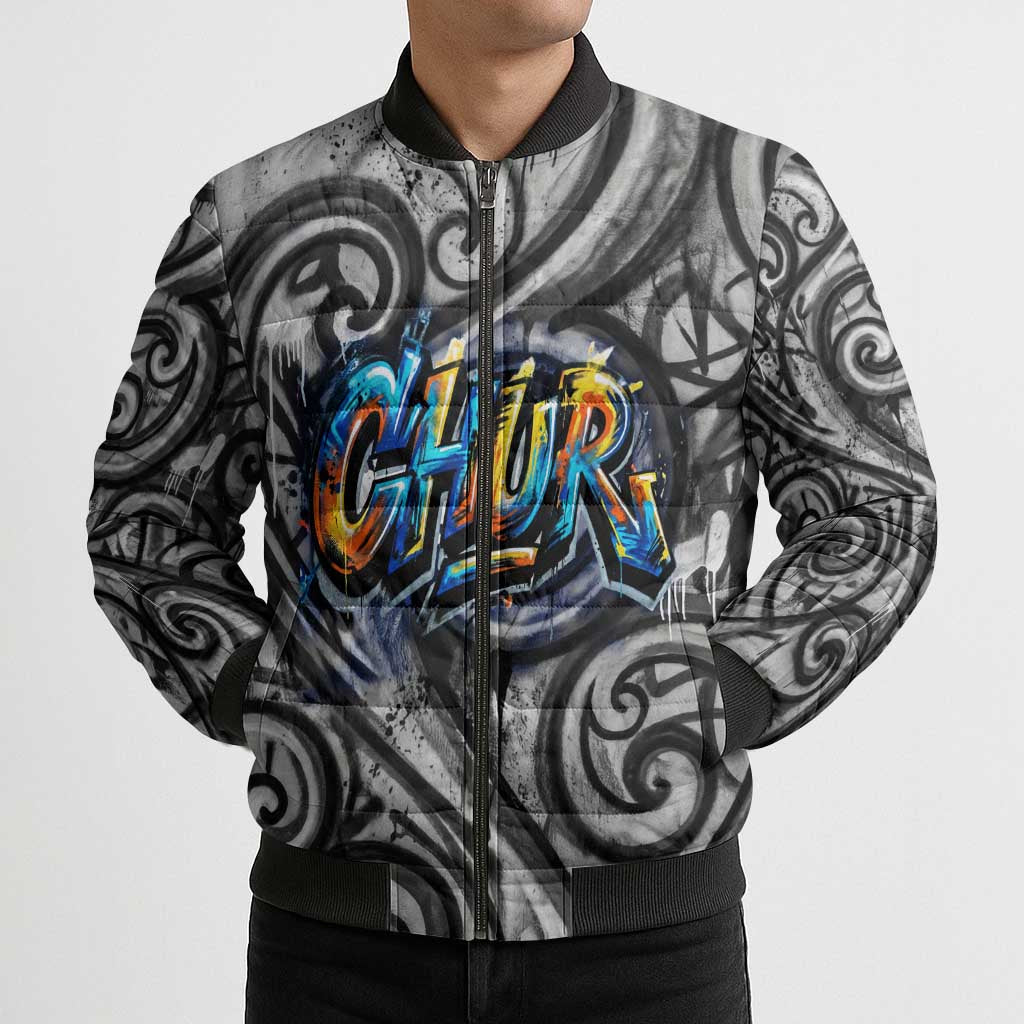 Chur Bro Shaka Sign Bomber Puffer Jacket New Zealand Koru Colorful Graffiti Splash TS04 - Polynesian Pride