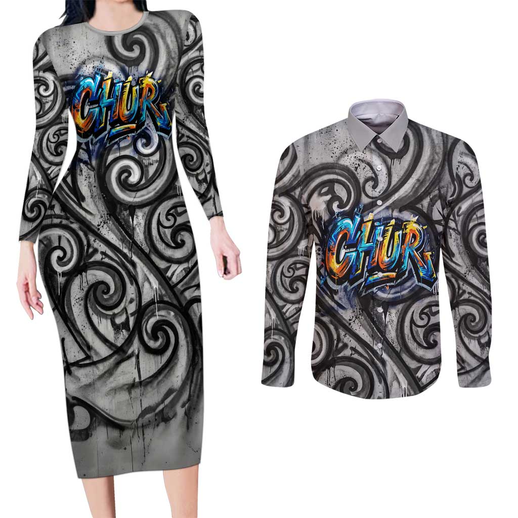 Chur Bro Shaka Sign Couples Matching Long Sleeve Bodycon Dress and Long Sleeve Button Shirt New Zealand Koru Colorful Graffiti Splash TS04 Multicolor - Polynesian Pride