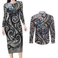 Chur Bro Shaka Sign Couples Matching Long Sleeve Bodycon Dress and Long Sleeve Button Shirt New Zealand Koru Colorful Graffiti Splash