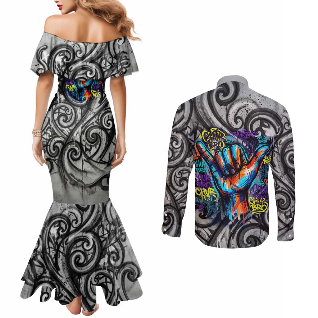Chur Bro Shaka Sign Couples Matching Mermaid Dress and Long Sleeve Button Shirt New Zealand Koru Colorful Graffiti Splash