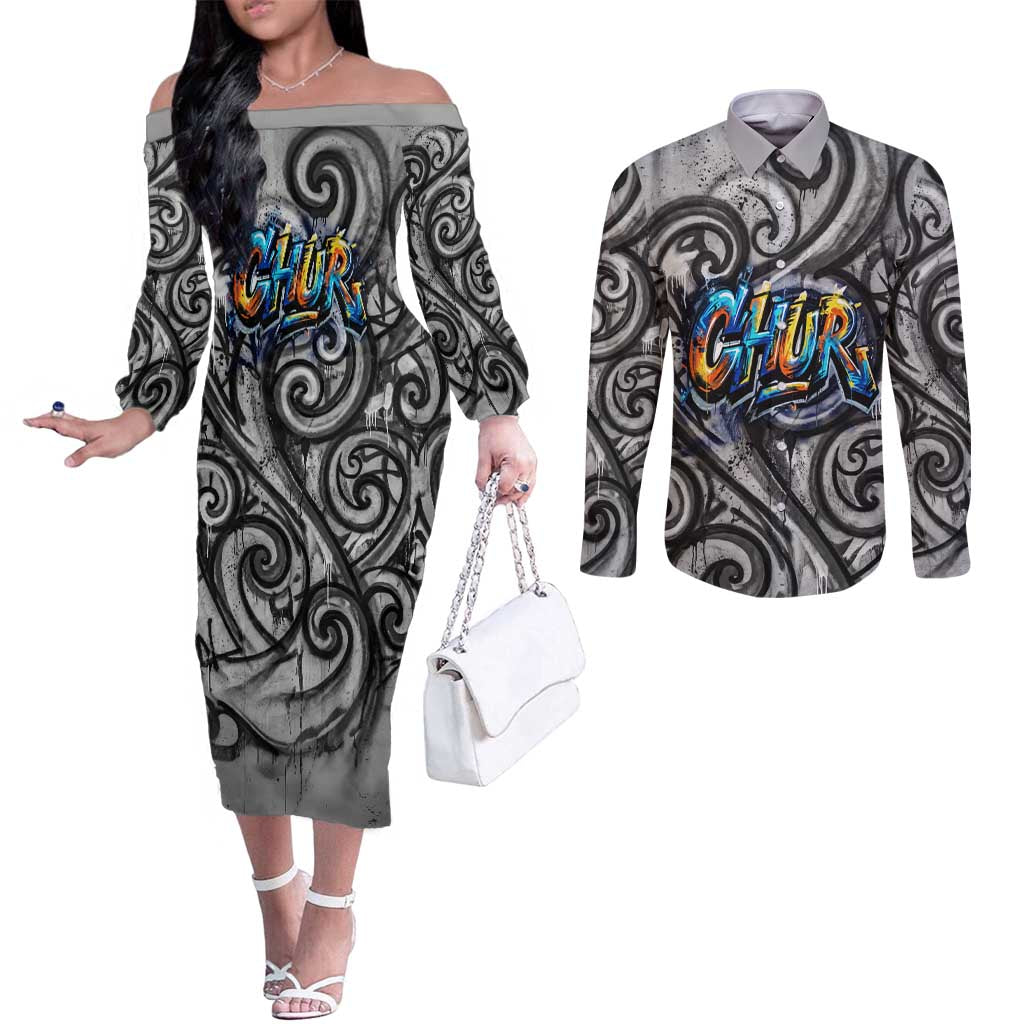 Chur Bro Shaka Sign Couples Matching Off The Shoulder Long Sleeve Dress and Long Sleeve Button Shirt New Zealand Koru Colorful Graffiti Splash