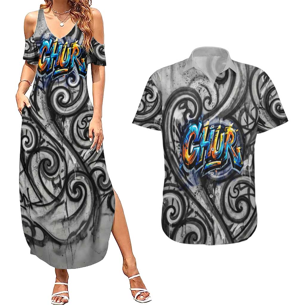 Chur Bro Shaka Sign Couples Matching Summer Maxi Dress and Hawaiian Shirt New Zealand Koru Colorful Graffiti Splash