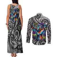 Chur Bro Shaka Sign Couples Matching Tank Maxi Dress and Long Sleeve Button Shirt New Zealand Koru Colorful Graffiti Splash