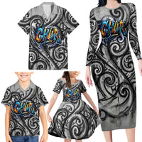 Chur Bro Shaka Sign Family Matching Long Sleeve Bodycon Dress and Hawaiian Shirt New Zealand Koru Colorful Graffiti Splash