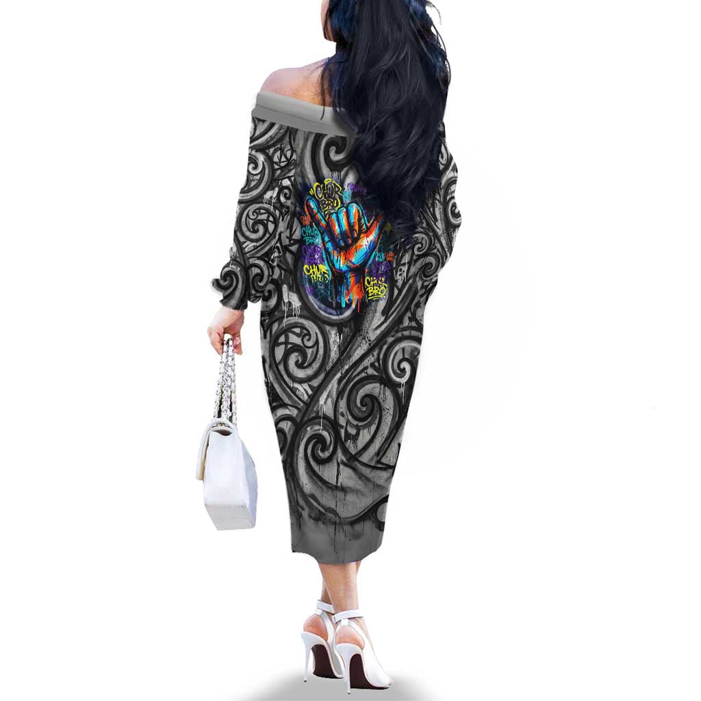 Chur Bro Shaka Sign Family Matching Off The Shoulder Long Sleeve Dress and Hawaiian Shirt New Zealand Koru Colorful Graffiti Splash