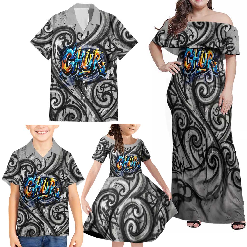Chur Bro Shaka Sign Family Matching Off Shoulder Maxi Dress and Hawaiian Shirt New Zealand Koru Colorful Graffiti Splash