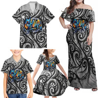 Chur Bro Shaka Sign Family Matching Off Shoulder Maxi Dress and Hawaiian Shirt New Zealand Koru Colorful Graffiti Splash