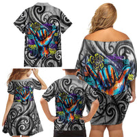 Chur Bro Shaka Sign Family Matching Off Shoulder Short Dress and Hawaiian Shirt New Zealand Koru Colorful Graffiti Splash