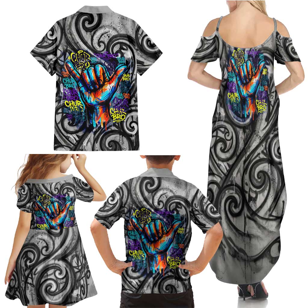 Chur Bro Shaka Sign Family Matching Summer Maxi Dress and Hawaiian Shirt New Zealand Koru Colorful Graffiti Splash