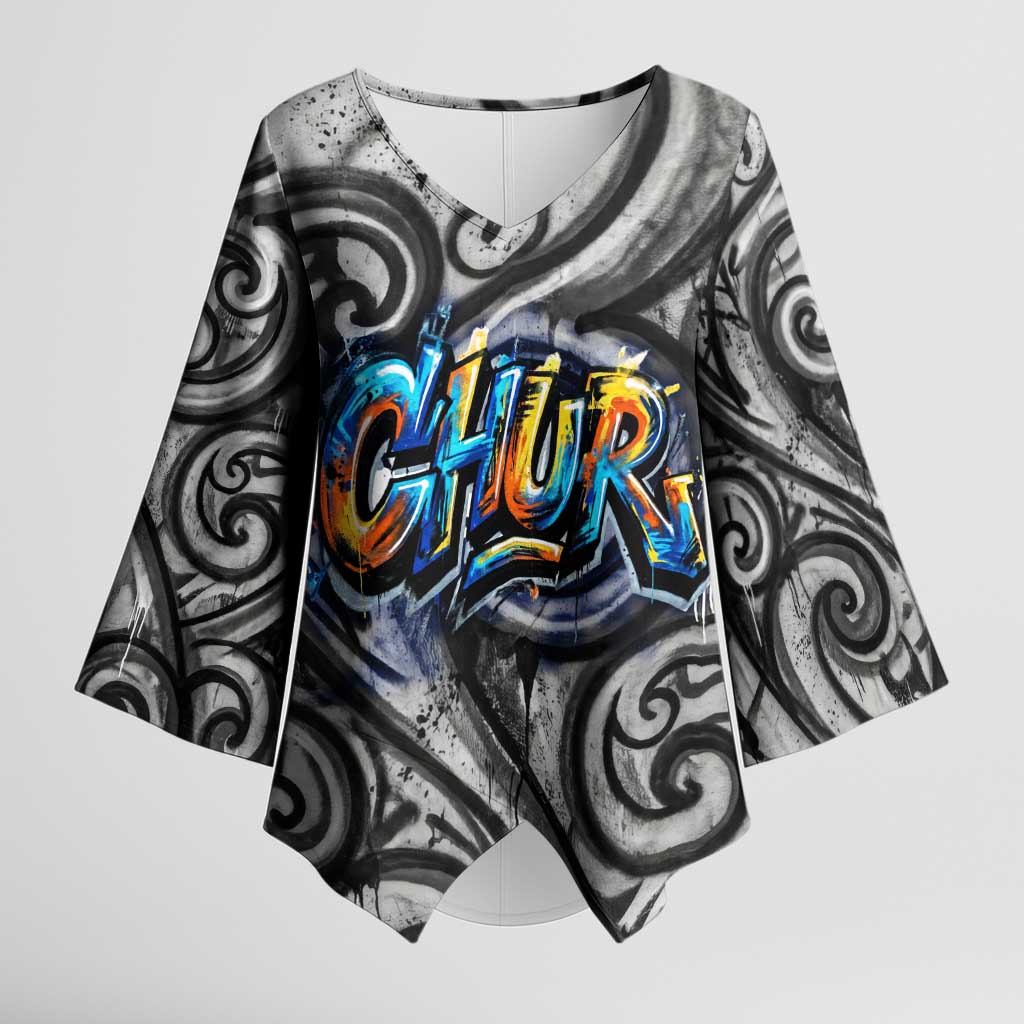 Chur Bro Shaka Sign Kimono Sleeve Blouse New Zealand Koru Colorful Graffiti Splash TS04 Female Multicolor - Polynesian Pride