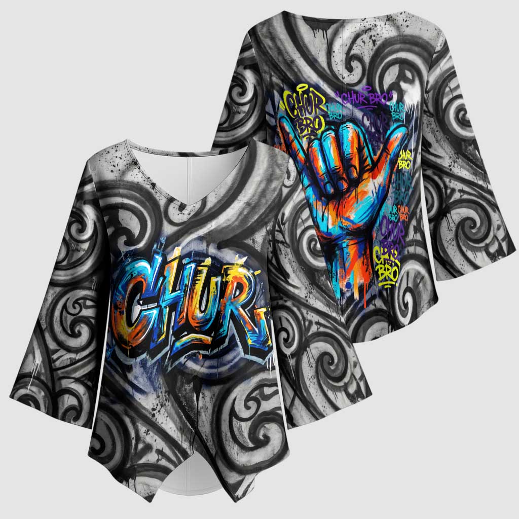 Chur Bro Shaka Sign Kimono Sleeve Blouse New Zealand Koru Colorful Graffiti Splash TS04 - Polynesian Pride