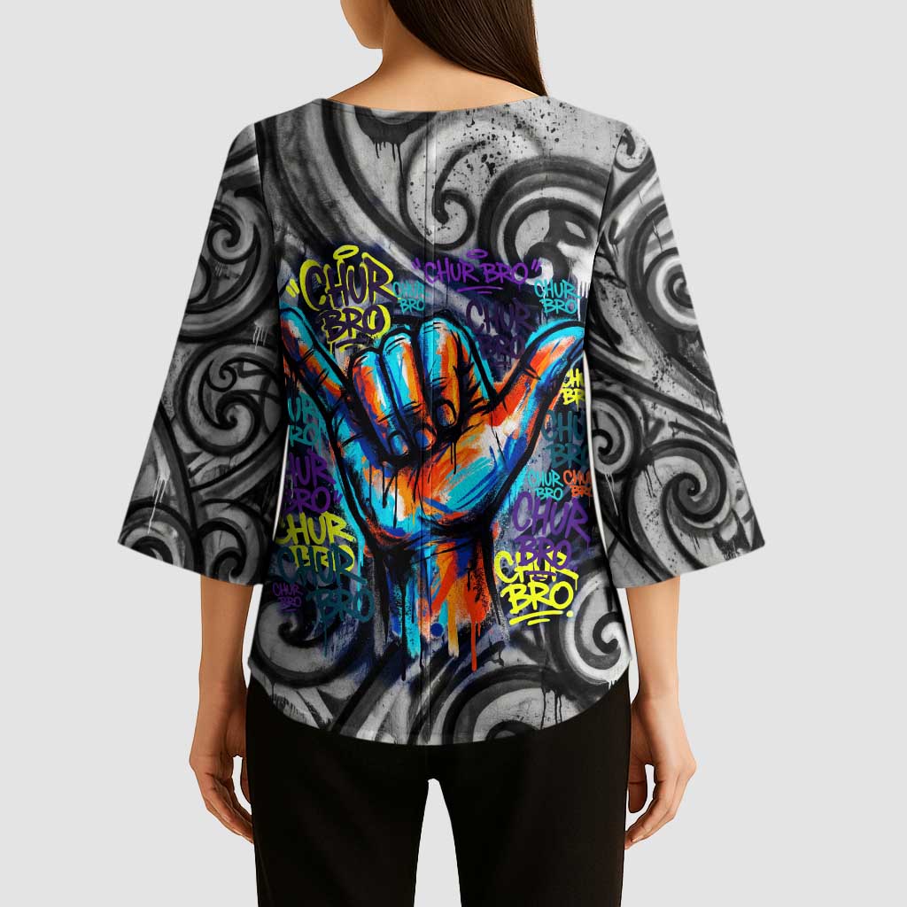 Chur Bro Shaka Sign Kimono Sleeve Blouse New Zealand Koru Colorful Graffiti Splash TS04 - Polynesian Pride