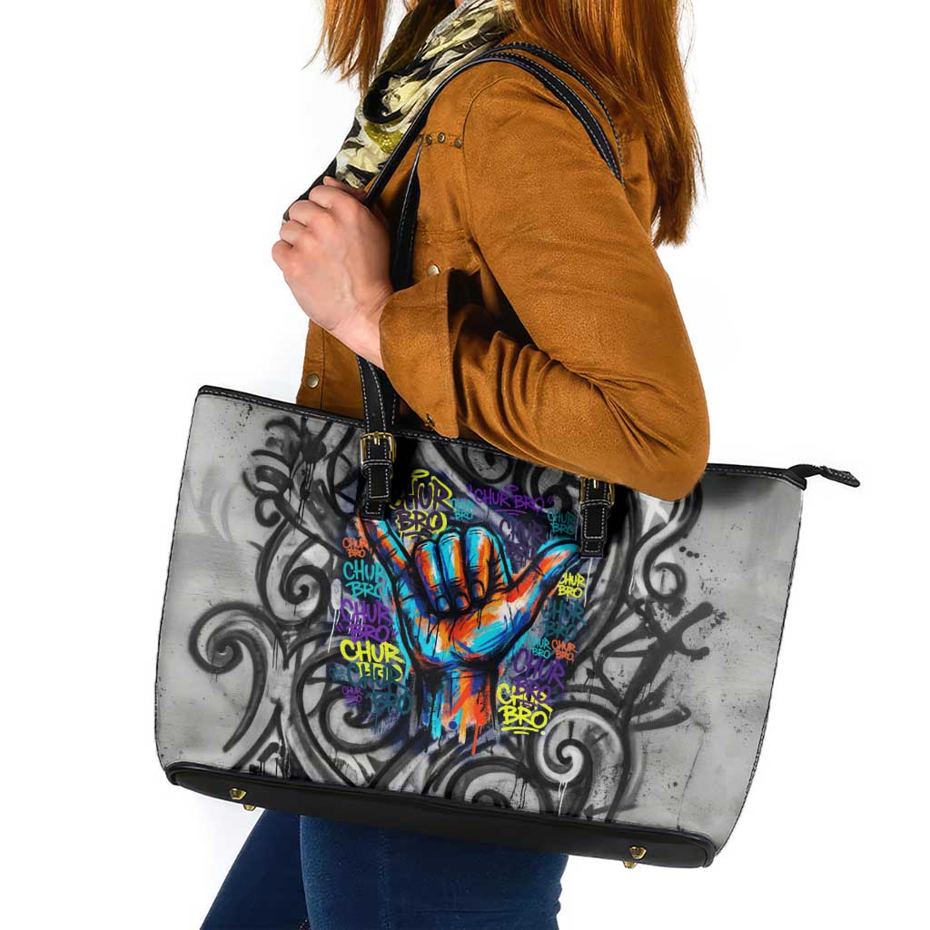 Chur Bro Shaka Sign Leather Tote Bag New Zealand Koru Colorful Graffiti Splash TS04 Multicolor - Polynesian Pride