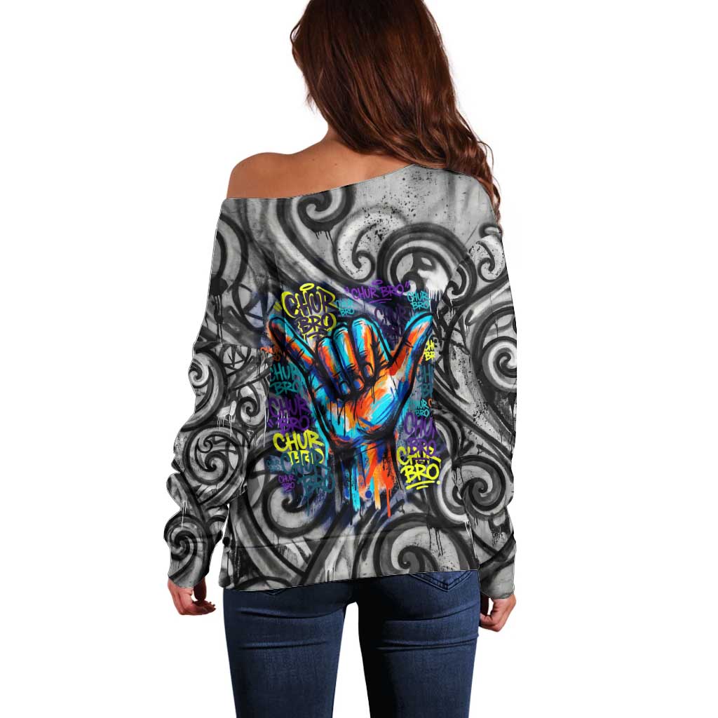 Chur Bro Shaka Sign Off Shoulder Sweater New Zealand Koru Colorful Graffiti Splash TS04 - Polynesian Pride