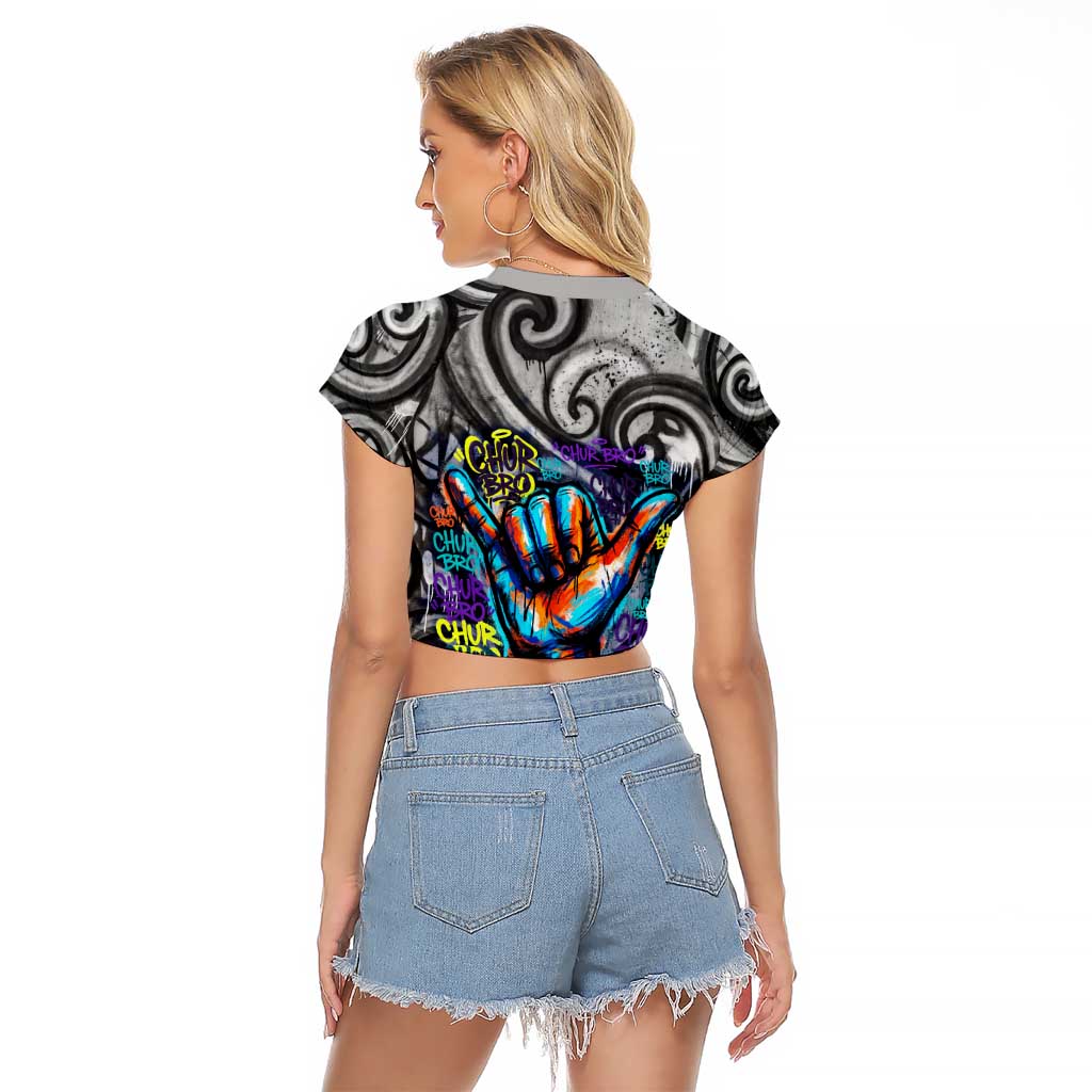 Chur Bro Shaka Sign Raglan Cropped T Shirt New Zealand Koru Colorful Graffiti Splash