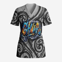 Chur Bro Shaka Sign Scrub Top New Zealand Koru Colorful Graffiti Splash TS04 Adult Multicolor - Polynesian Pride