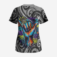 Chur Bro Shaka Sign Scrub Top New Zealand Koru Colorful Graffiti Splash TS04 - Polynesian Pride