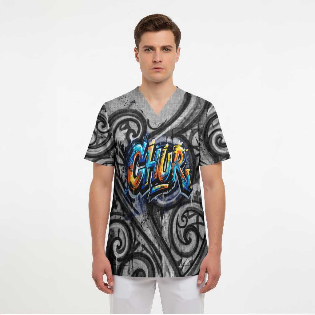 Chur Bro Shaka Sign Scrub Top New Zealand Koru Colorful Graffiti Splash TS04 - Polynesian Pride