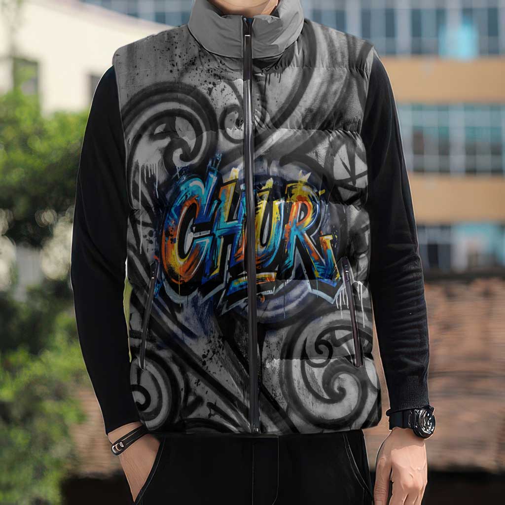 Chur Bro Shaka Sign Sleeveless Puffer Jacket New Zealand Koru Colorful Graffiti Splash TS04 - Polynesian Pride