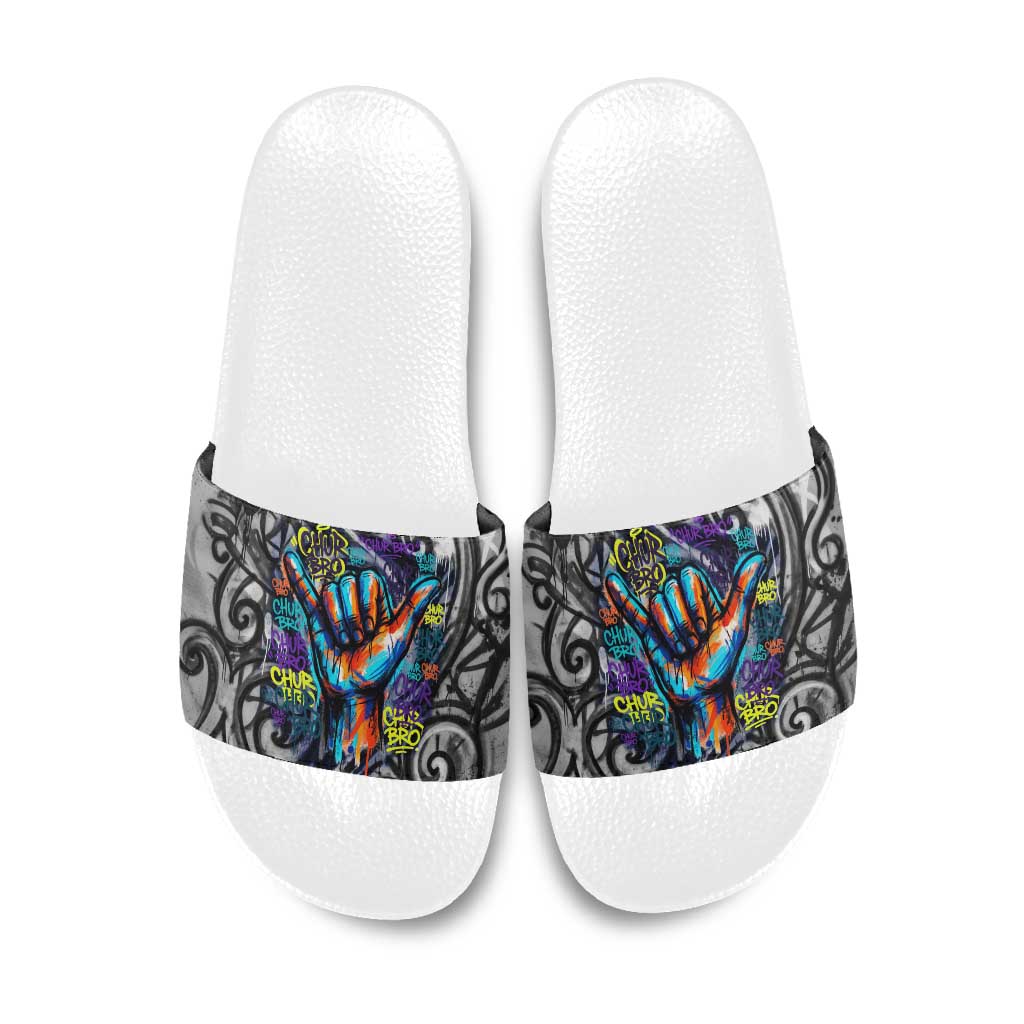 Chur Bro Shaka Sign Slide Sandals New Zealand Koru Colorful Graffiti Splash TS04 Multicolor - Polynesian Pride