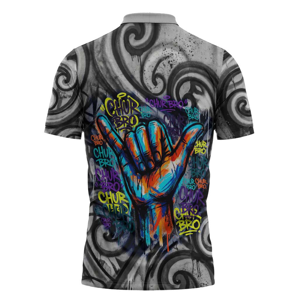 Chur Bro Shaka Sign Zipper Polo Shirt New Zealand Koru Colorful Graffiti Splash