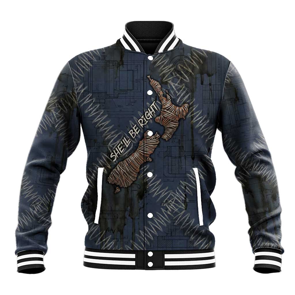 New Zealand She’ll Be Right Baseball Jacket NZ Slang No. 8 Wire Map Pattern TS04 Unisex Navy Slate - Polynesian Pride