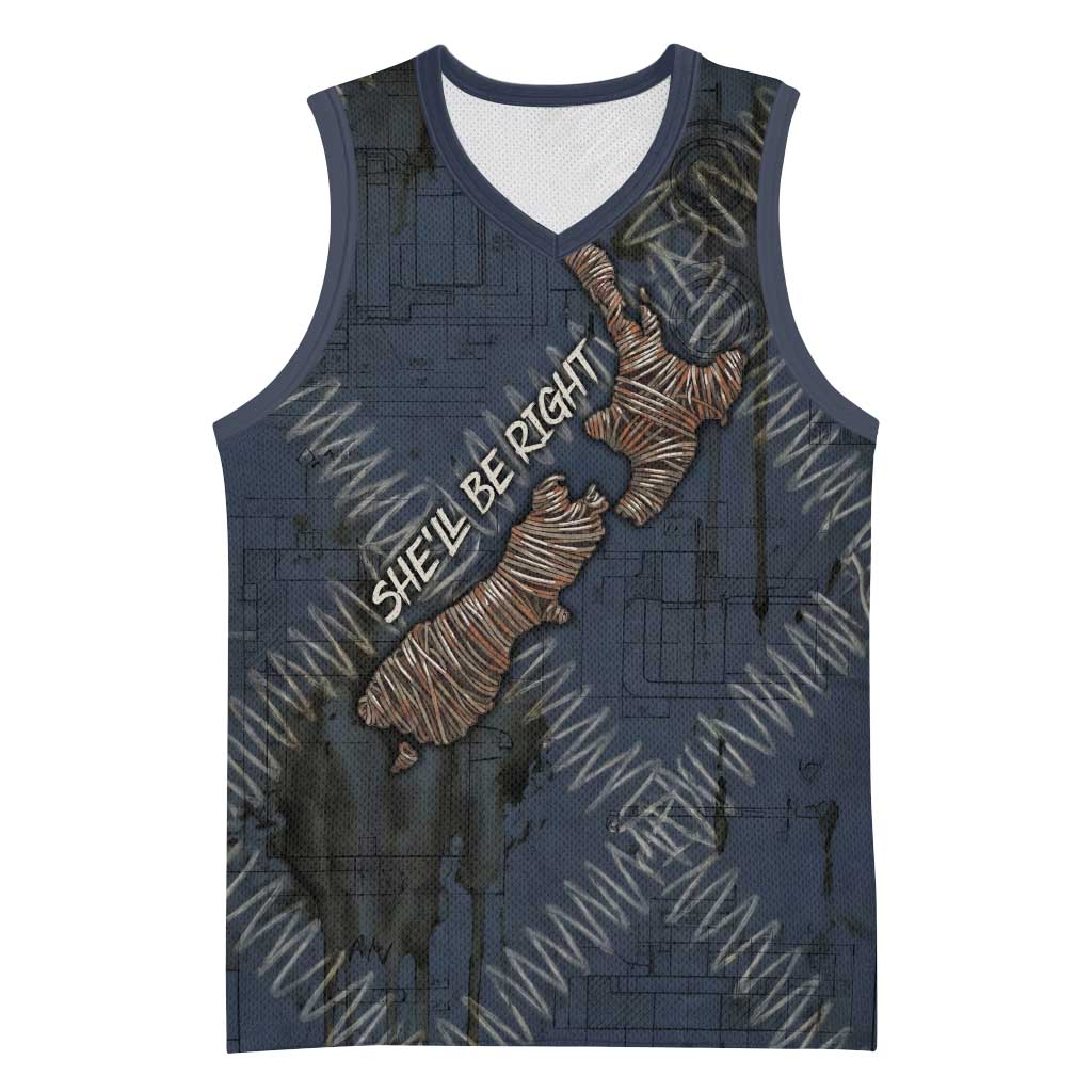 New Zealand She’ll Be Right Basketball Jersey NZ Slang No. 8 Wire Map Pattern TS04 Unisex Navy Slate - Polynesian Pride