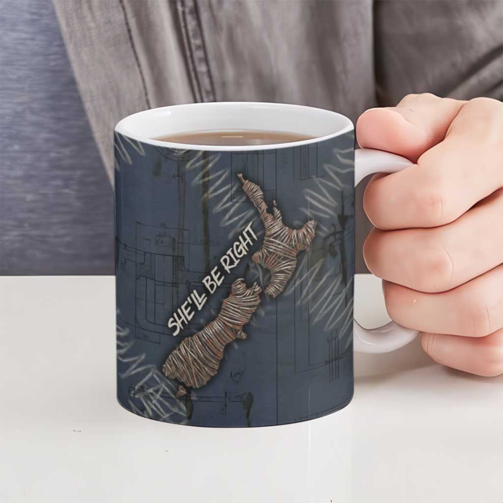 New Zealand She’ll Be Right Ceramic Mug NZ Slang No. 8 Wire Map Pattern TS04 - Polynesian Pride