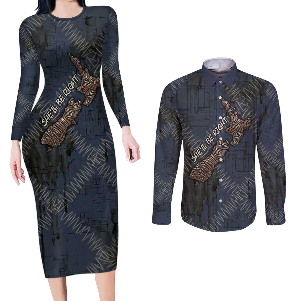 New Zealand She’ll Be Right Couples Matching Long Sleeve Bodycon Dress and Long Sleeve Button Shirt NZ Slang No. 8 Wire Map Pattern TS04 Navy Slate - Polynesian Pride