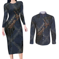 New Zealand She’ll Be Right Couples Matching Long Sleeve Bodycon Dress and Long Sleeve Button Shirt NZ Slang No. 8 Wire Map Pattern TS04 Navy Slate - Polynesian Pride