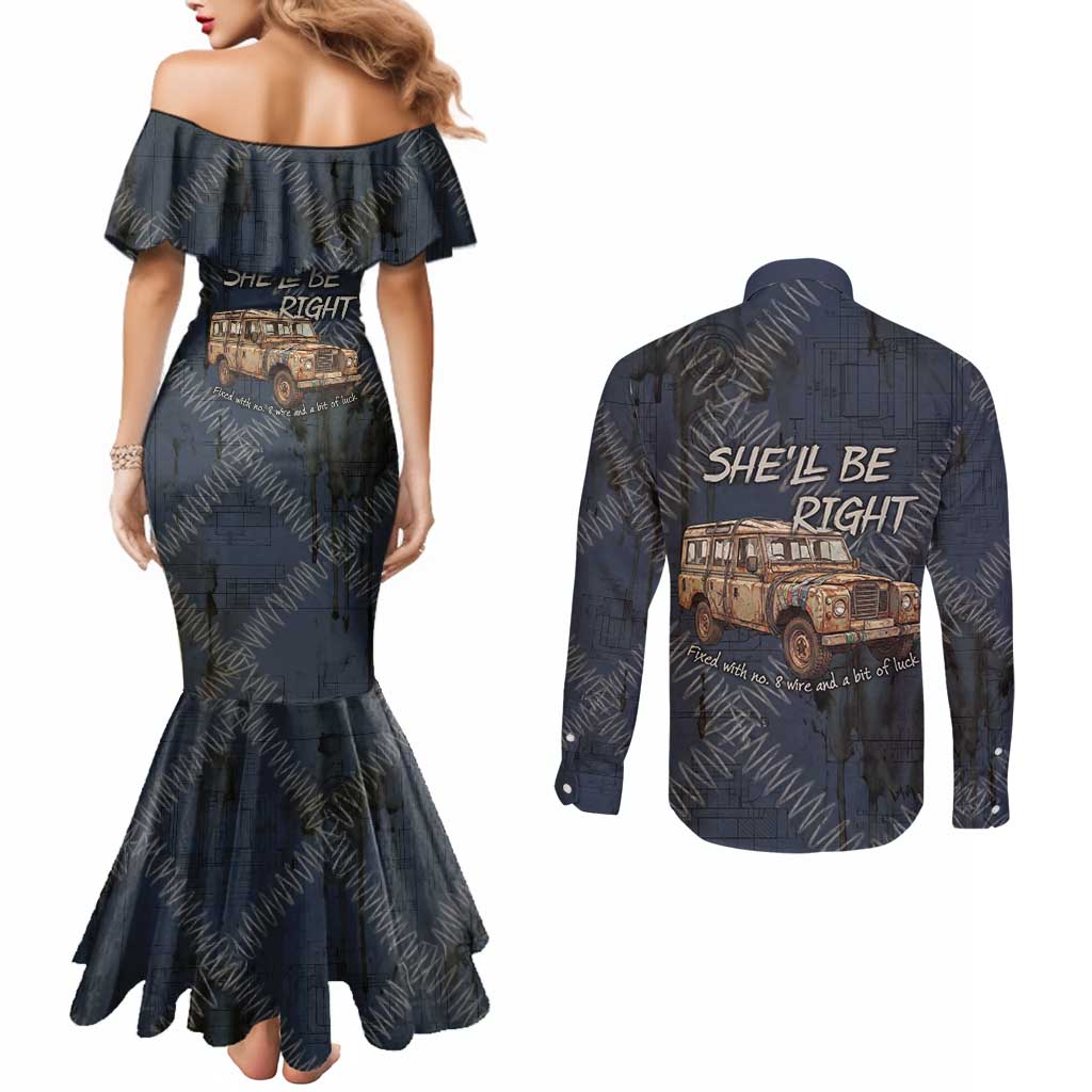 New Zealand She’ll Be Right Couples Matching Mermaid Dress and Long Sleeve Button Shirt NZ Slang No. 8 Wire Map Pattern TS04 - Polynesian Pride