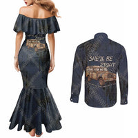 New Zealand She’ll Be Right Couples Matching Mermaid Dress and Long Sleeve Button Shirt NZ Slang No. 8 Wire Map Pattern TS04 - Polynesian Pride