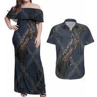 New Zealand She’ll Be Right Couples Matching Off Shoulder Maxi Dress and Hawaiian Shirt NZ Slang No. 8 Wire Map Pattern TS04 Navy Slate - Polynesian Pride