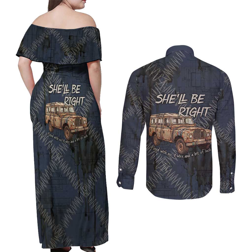 New Zealand She’ll Be Right Couples Matching Off Shoulder Maxi Dress and Long Sleeve Button Shirt NZ Slang No. 8 Wire Map Pattern TS04 - Polynesian Pride