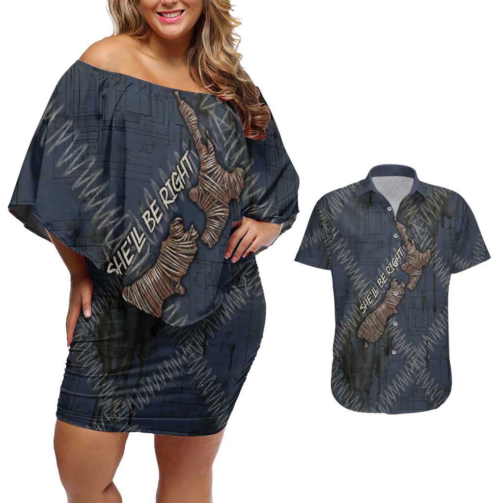 New Zealand She’ll Be Right Couples Matching Off Shoulder Short Dress and Hawaiian Shirt NZ Slang No. 8 Wire Map Pattern TS04 Navy Slate - Polynesian Pride
