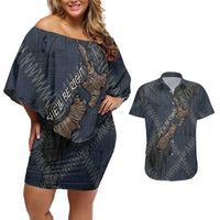 New Zealand She’ll Be Right Couples Matching Off Shoulder Short Dress and Hawaiian Shirt NZ Slang No. 8 Wire Map Pattern TS04 Navy Slate - Polynesian Pride