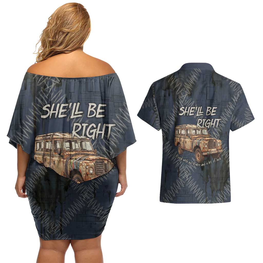 New Zealand She’ll Be Right Couples Matching Off Shoulder Short Dress and Hawaiian Shirt NZ Slang No. 8 Wire Map Pattern TS04 - Polynesian Pride